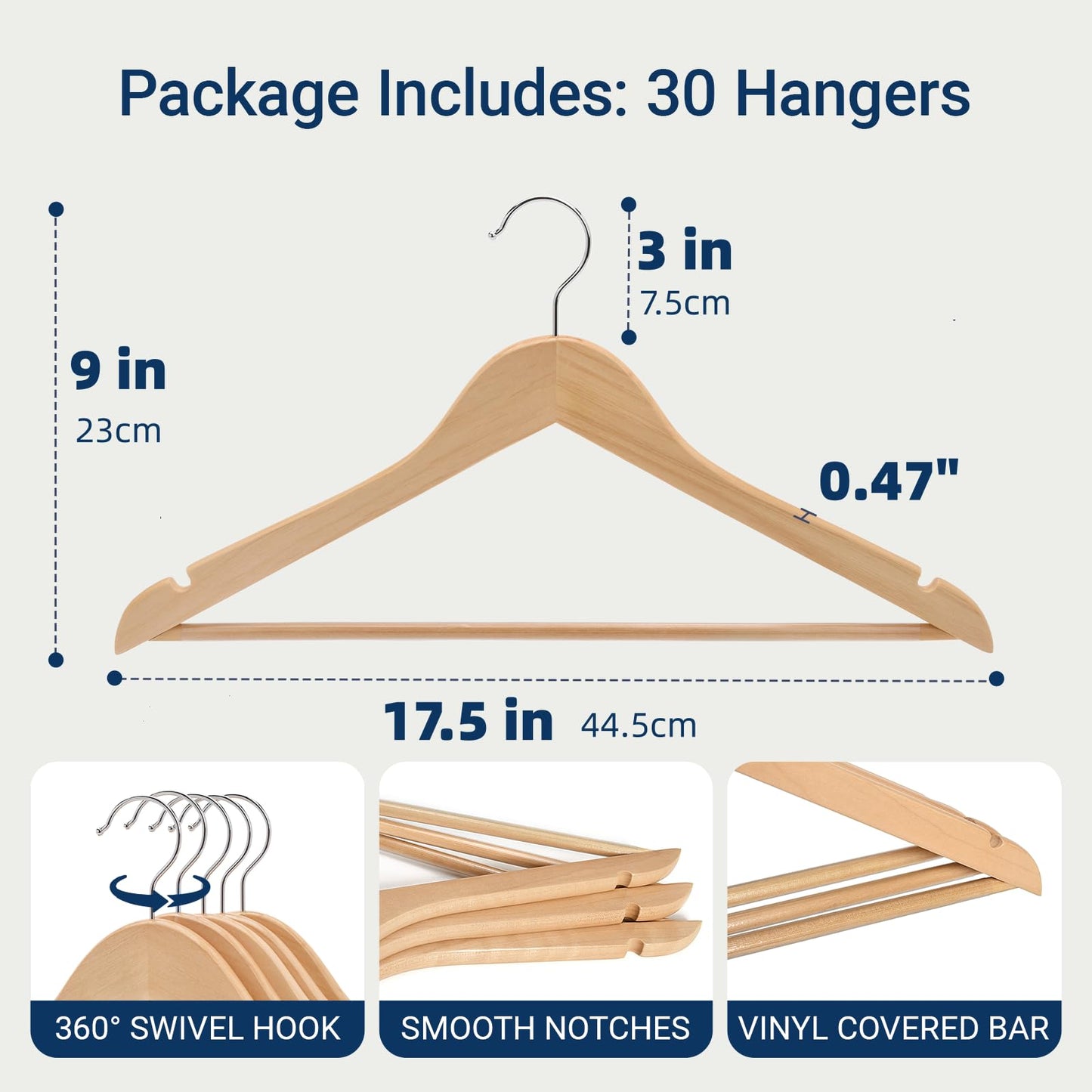 Amber Home 30 Pack Wooden Coat Hangers, Natural Wood Suit Hangers with Non-Slip Pant Bar, Clothes Hangers for Closet Organization, Shirts, Jackets, Dresses, and Pants (Natural, 30)