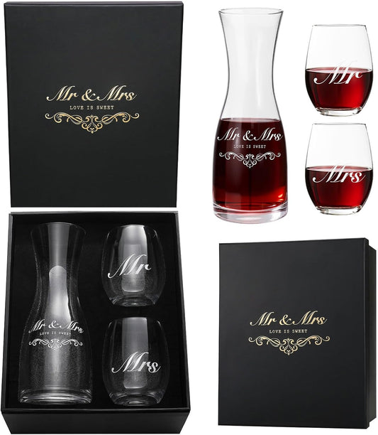 AW BRIDAL Mr and Mrs Wine Glasses and Decanter Set, Wedding Bridal Shower Engagement Gift for Couples 2025, Wedding Glasses for Anniversary Bride Bachelorette with Wood Keepsake Box