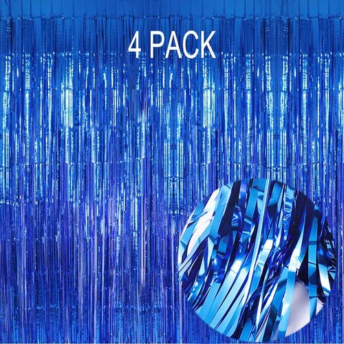 Blue Foil Fringe Curtain- 4 Pack of 3.2x8.2ft Blue Streamers Backdrop Curtains for Party Decorations