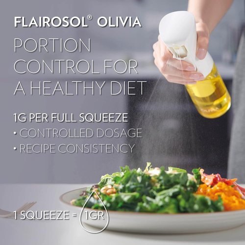 FLAIROSOL Olivia Signature Olive Oil Sprayer - Advanced Fine Mist Technology, Refillable Glass Bottle, 130ml (Golden Leaves)