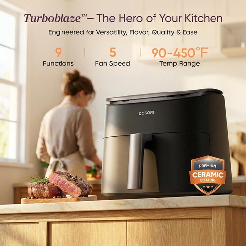 Cosori 9-in-1 TurboBlaze Air Fryer - 6 Qt PFAS-Free Ceramic Coating for Even Cooking | Dark Gray