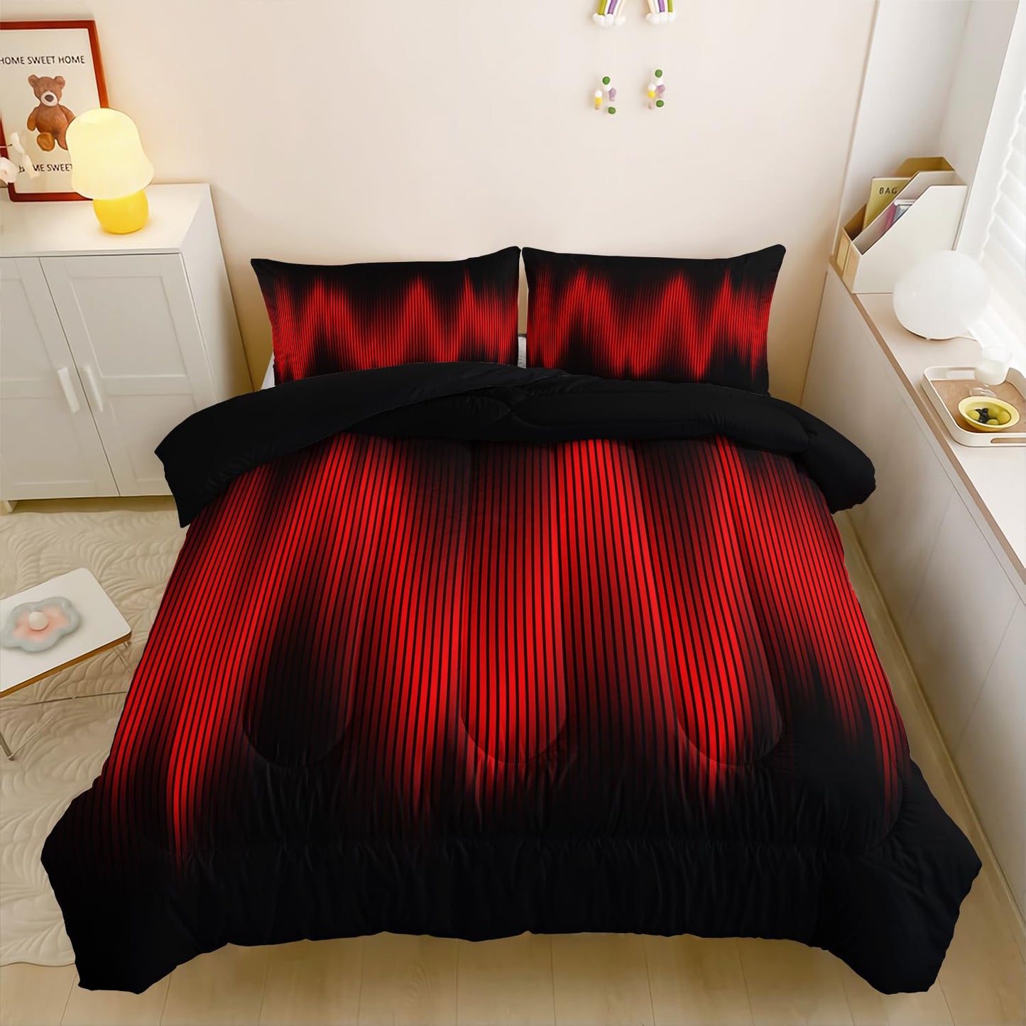 QOOMO Red Black Abstract Kids Comforter Set, Geometric Lines Boys Bedding Full, Gradient Modern Stylish 3D Quilt Set for Teen Adults Room Decoration, 1 Comforter & 2 Pillowcases