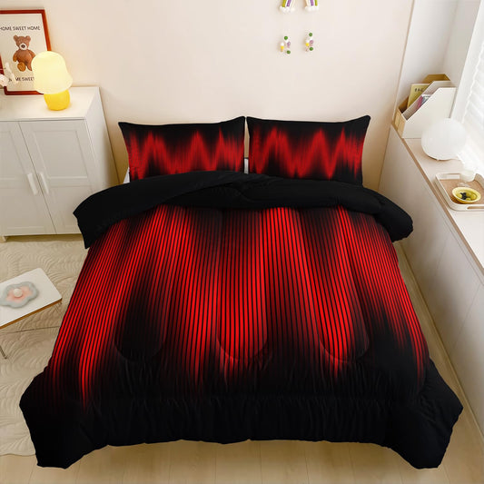 QOOMO Red Black Abstract Kids Comforter Set, Geometric Lines Boys Bedding Full, Gradient Modern Stylish 3D Quilt Set for Teen Adults Room Decoration, 1 Comforter & 2 Pillowcases