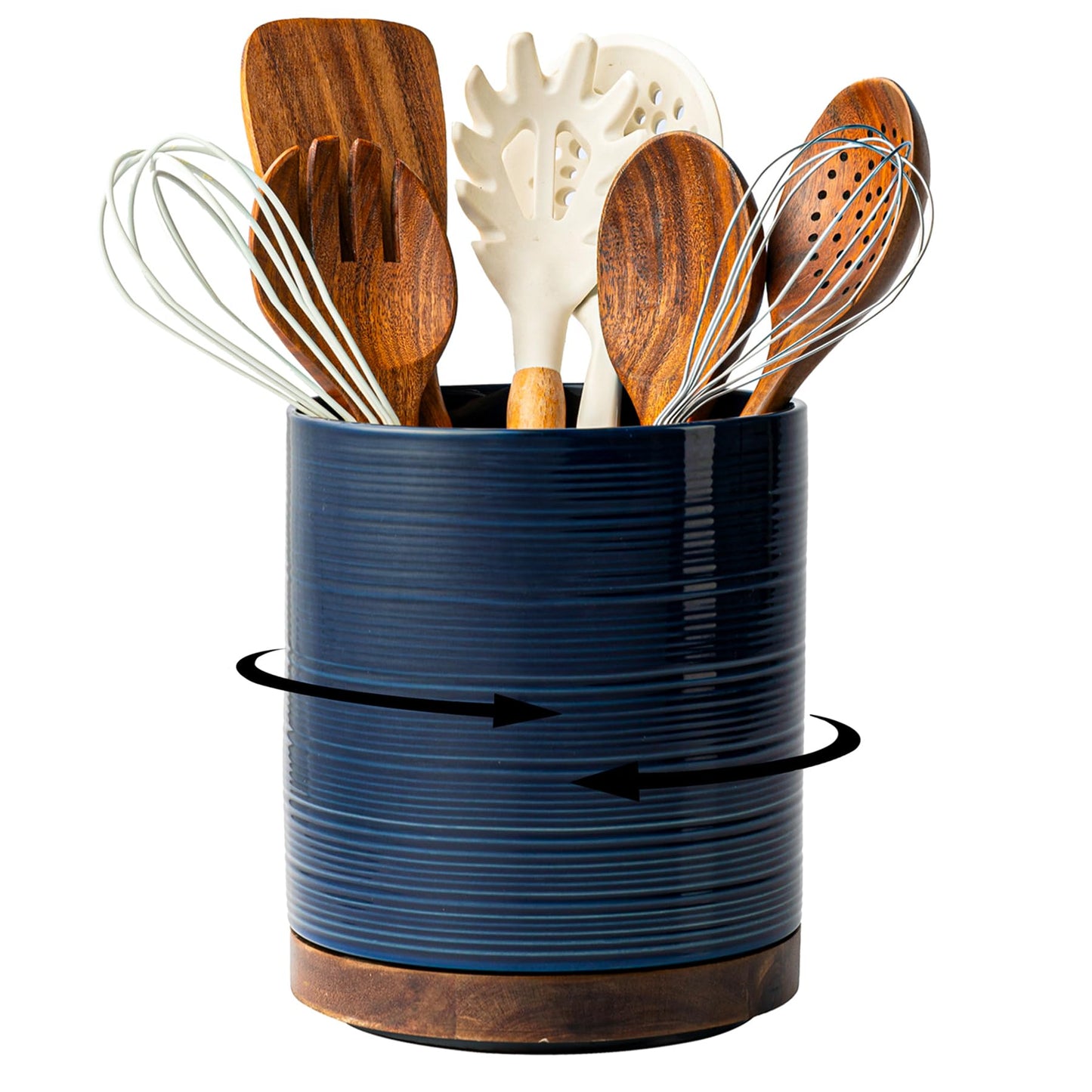 MIKIGEY Utensil Holder, 360° Rotating Extra Large Ceramic Kitchen Utensil Holder for Countertop, 7.3“ Cooking Utensil Crocks for Kitchen Counter with Rotatable Wooden Base, Farmhouse Decor, Dark Blue