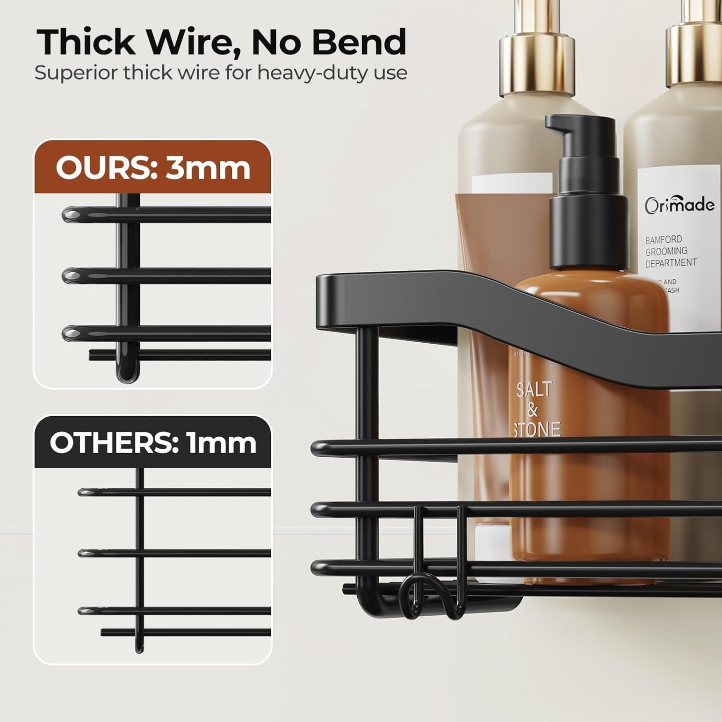 Orimade Shower Caddy Shelf - Rust Resistant Wall Mounted Organizer with 5 Hooks | 2 Pack, Black
