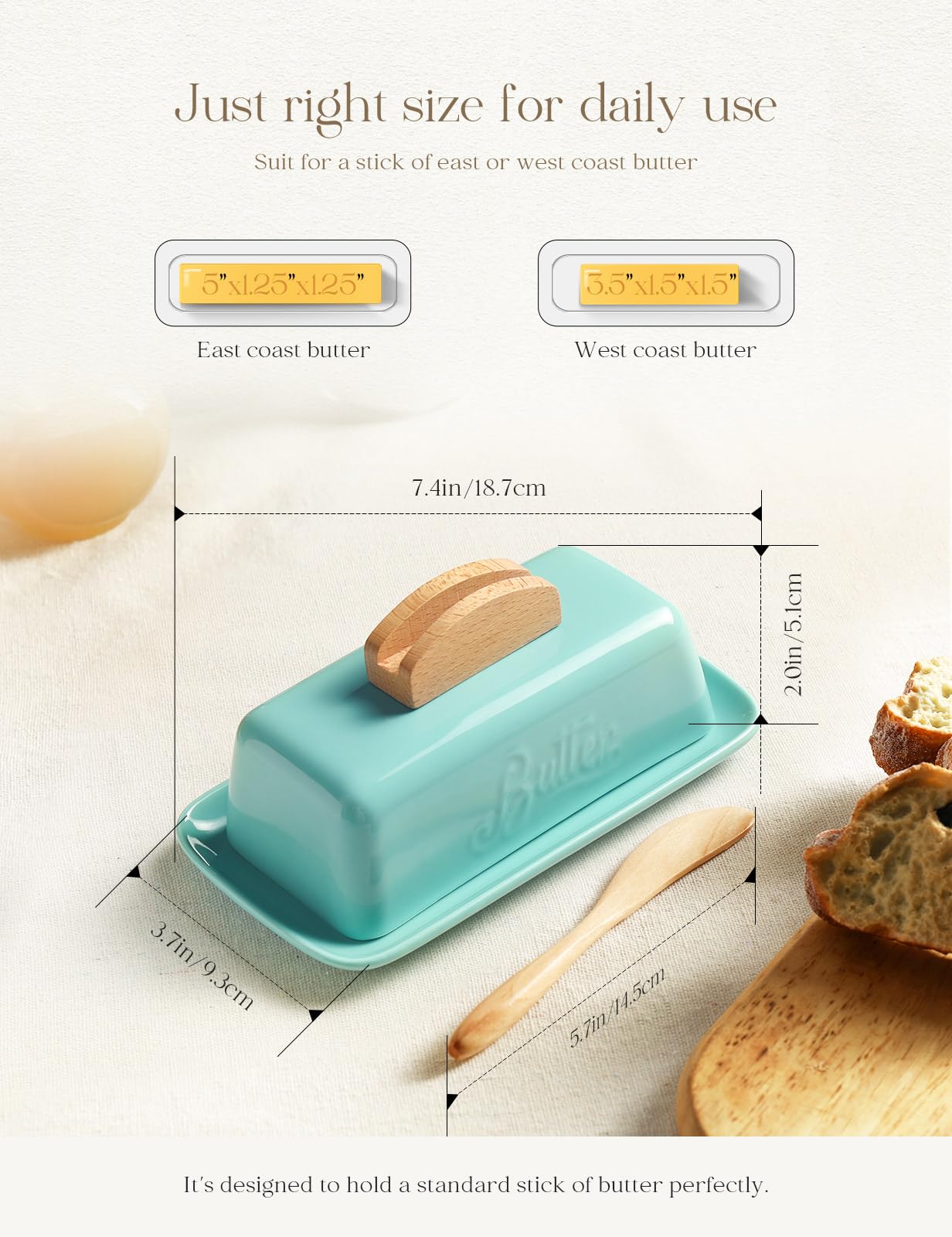Butter Dish with Lid and Knife Ceramic Butter Holder for Counter Humanized Clamp-able Knife Handle Design, Perfect for East West Coast Butter, Skyblue