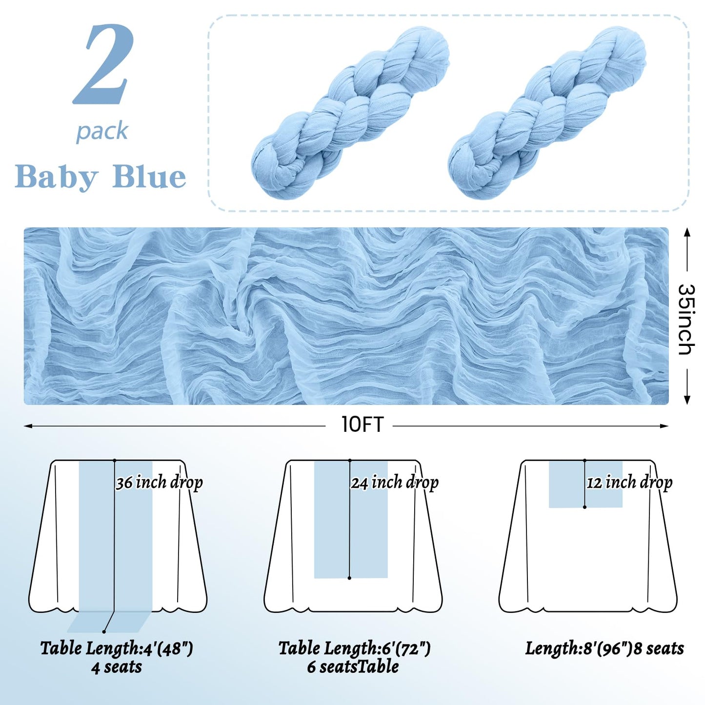 16Pack Baby Blue Table Runner 10FT Light Blue Cheesecloth Table Runner 35x120Inch Long Boho Gauze Cheese Cloth Table Runners Rustic Sheer Table Runners for Wedding Baby Shower Bridal Shower Decor