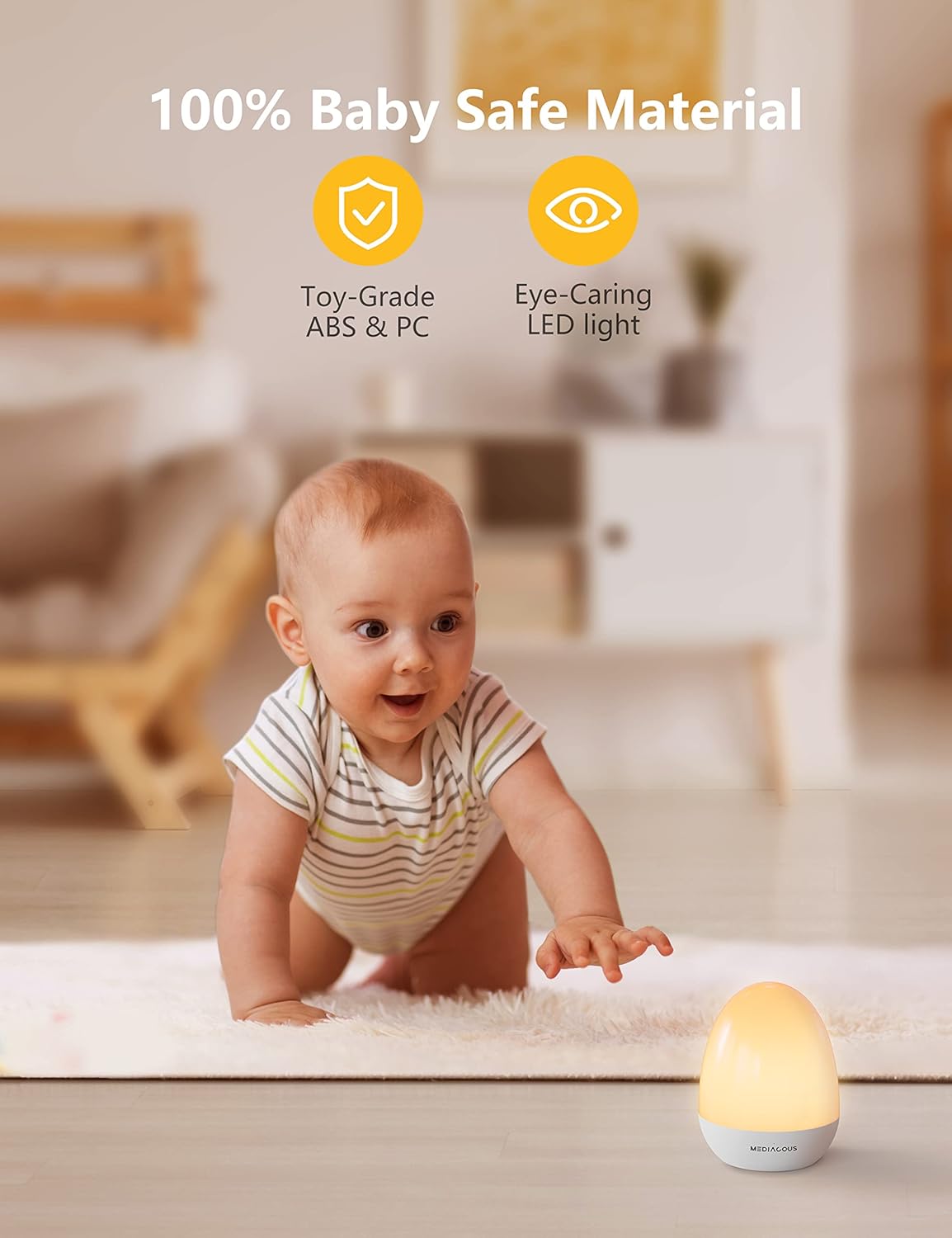 MediAcous Night Light - Dimmable Egg Light for Kids' Room | Touch Control & 1H Timer, 200H Battery Life