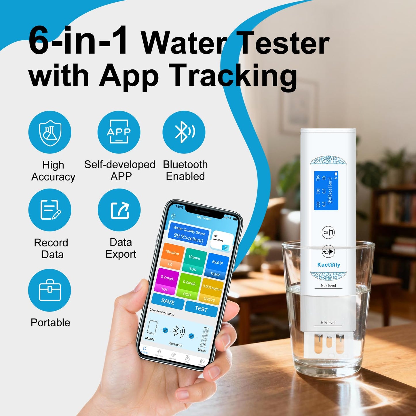 6 in 1 Water Tester for Drinking Water with App, Digital TDS, EC, TOC, COD, UV275 & Temperature Meter, Lab-Grade Water Quality Tester with Data Logging & Export for Home, RV, Camping, Well & Tap Water