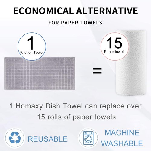Homaxy 100% Cotton Terry Kitchen Towels(Light Grey, 13 x 28 inches), Checkered Designed, Soft and Super Absorbent Dish Towels, 12 Pack