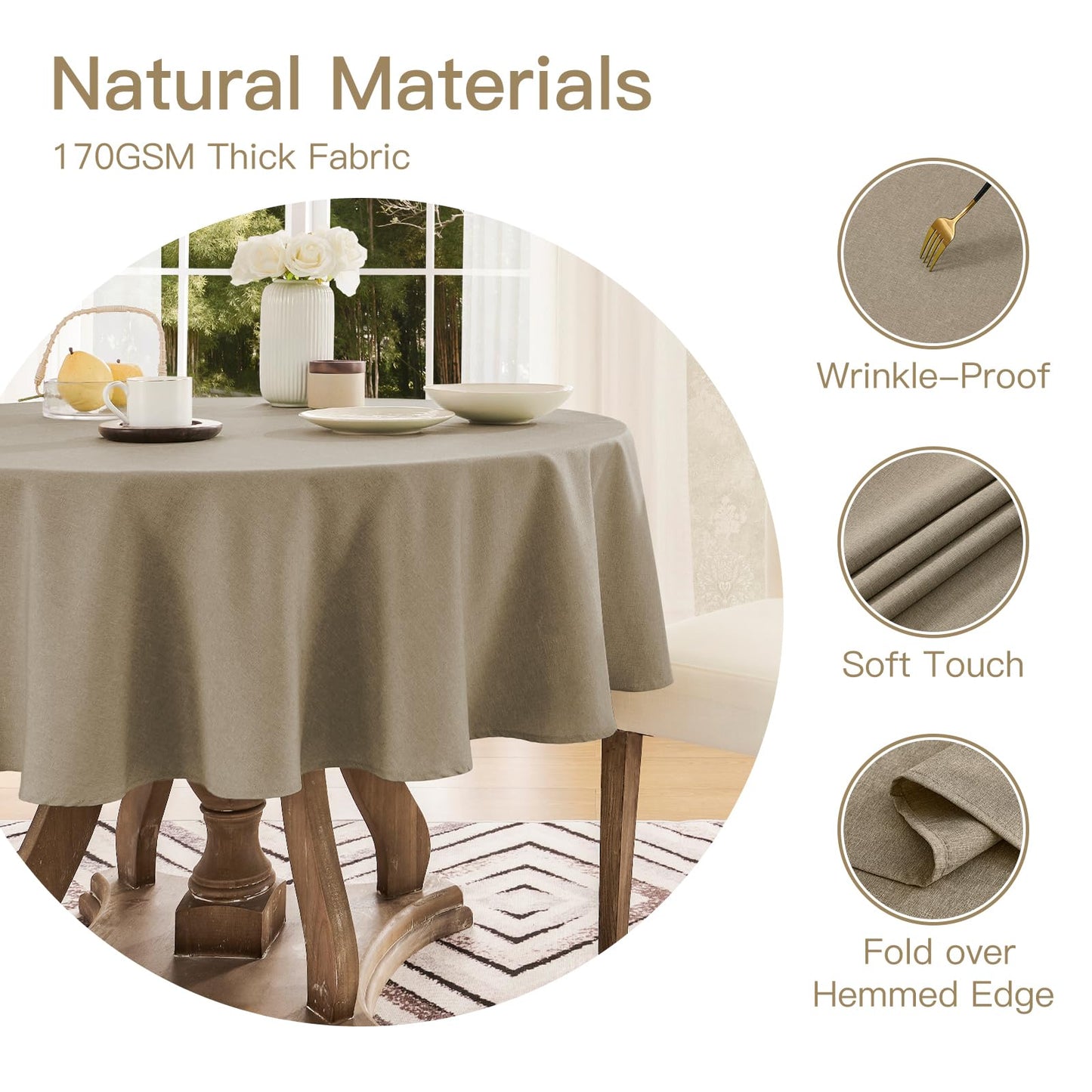 Veblandy Tablecloth Linen Textured Waterproof & Stain Resistant Table Cloth Wrinkle Free Decorative Fabric Farmhouse Table Cover for Dining/Party/Buffet/Wedding, 60 x 60 Inch, Mocha