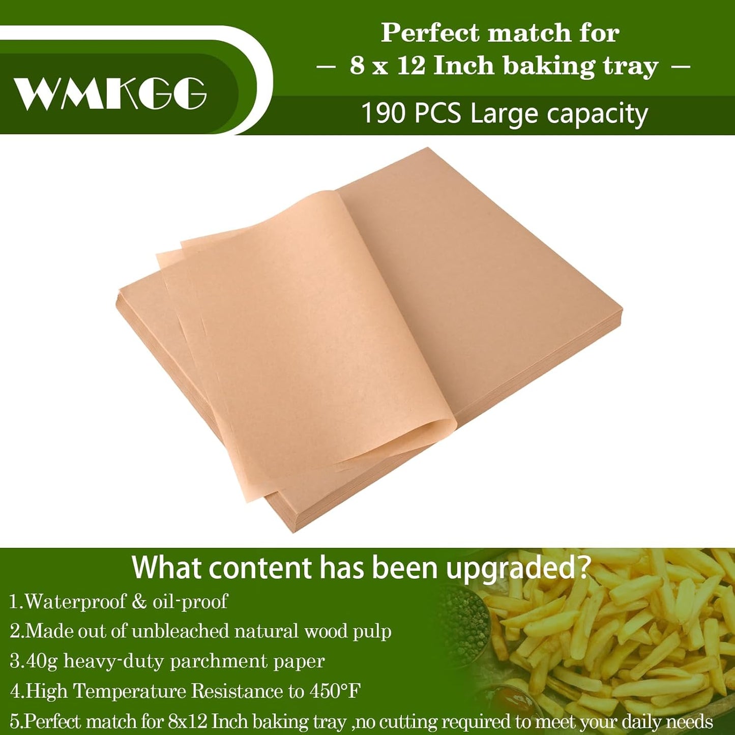 WMKGG Parchment Paper Sheets - 190 PCS Non-Stick Precut Baking Paper for Air Frying, Grilling & More | 8x12 Inches