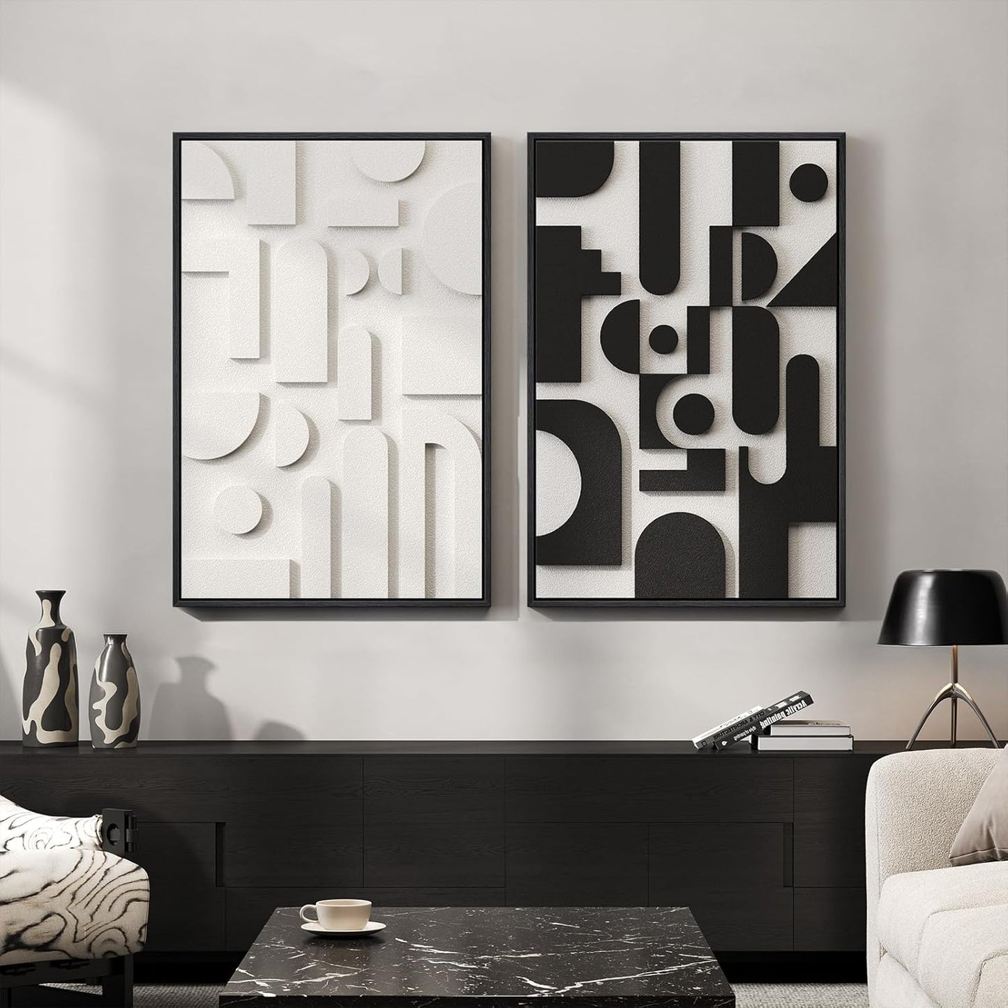 Skiennix 3D Textured Black and White Abstract Wall Art - Set of 2 Modern Paintings for Living Room | 24x36 In