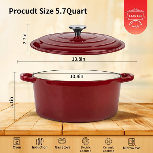Enameled Cast Iron Dutch Oven Pot with Lid, 5.7 Quart Dutch Oven for Bread Baking, Oven Safe up to 500° F, Suitable for Bread Baking, Braising, Roasting, Stews, Red