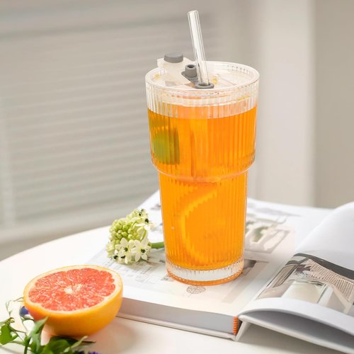 AiMQnLe 20 OZ Iced Coffee Cup With Lids and Straws,Vintage Glass Tumbler, Ribbed Glassware for Whiskey Cocktail Beer, Drinking Glasses