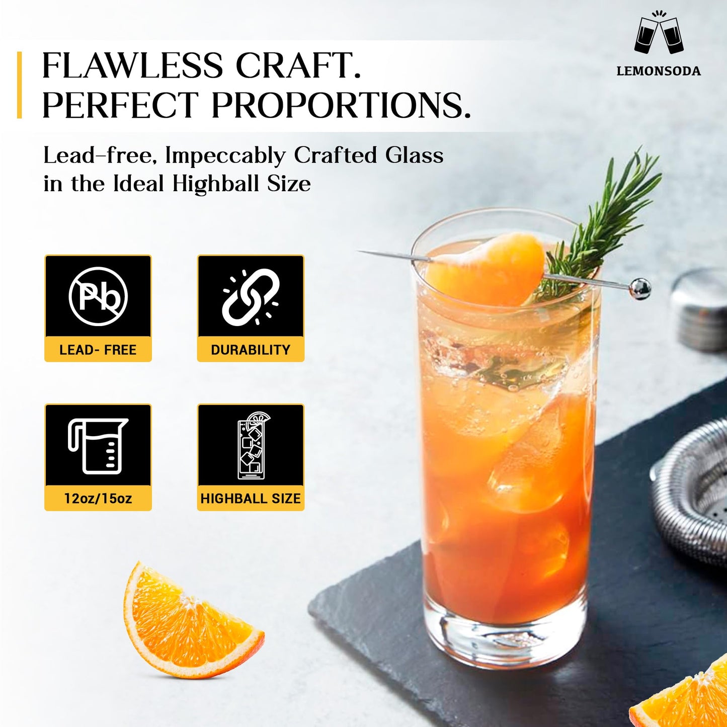 LEMONSODA Highball Glass Set | 15oz Set of 12 | Lead-Free Glass with Heavy Base | Dishwasher Safe Cocktail Glasses for Mojito Whiskey Iced Tea | Gift Box Included | Modern Durable Bar Glassware