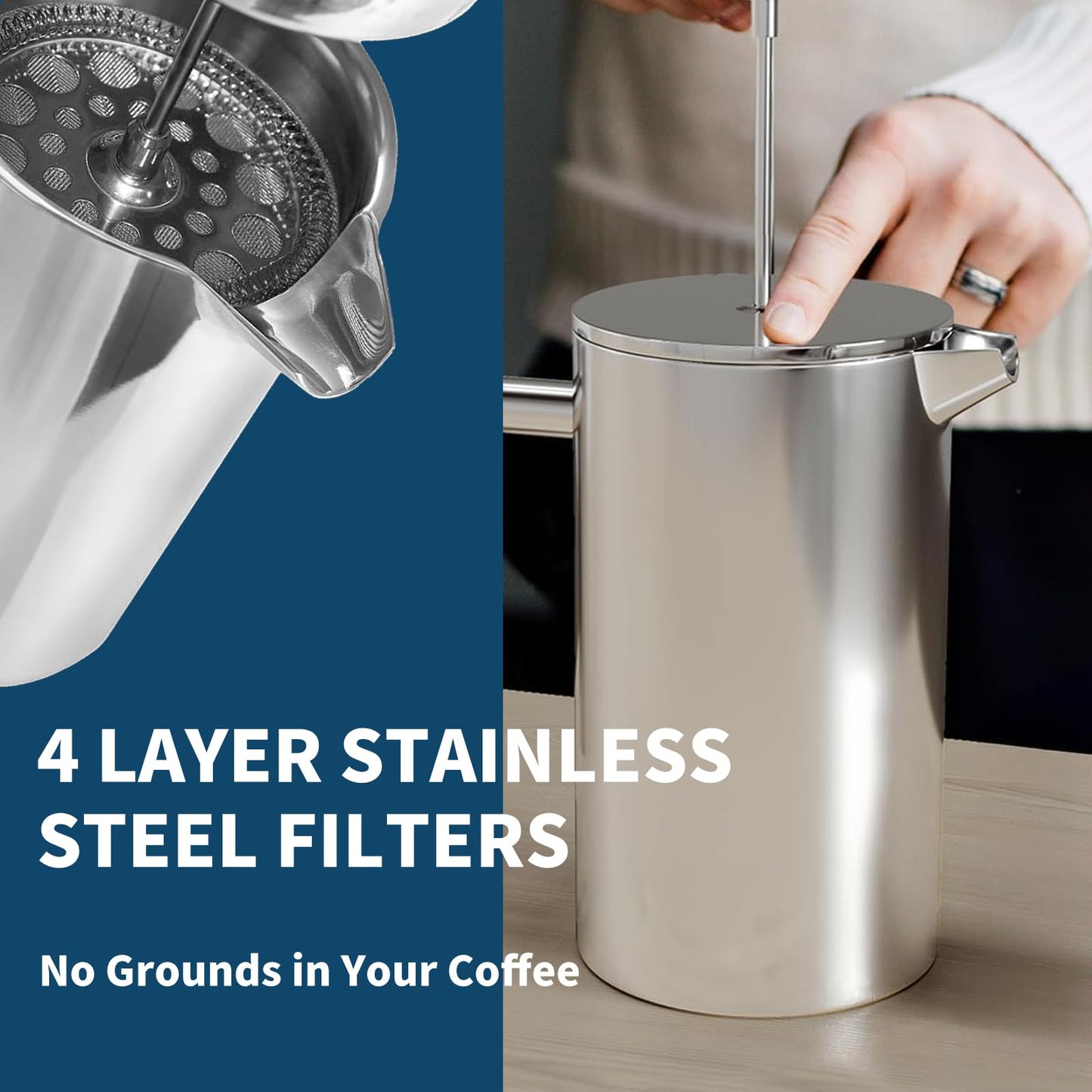 MERMOO YILAN French Press 34oz Insulated Stainless Steel Coffee Maker Unbreakable Coffee Press Easy to Clean for Home, Camping, Travel (Black)