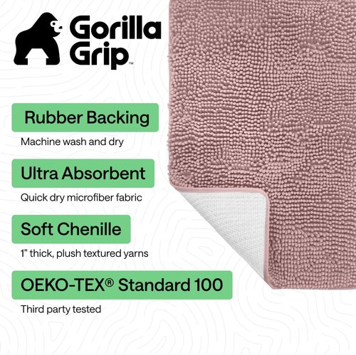GORILLA GRIP Bath Rug Mat - Soft Absorbent Chenille | Quick-Dry Microfiber, 60x24, Dusty Rose