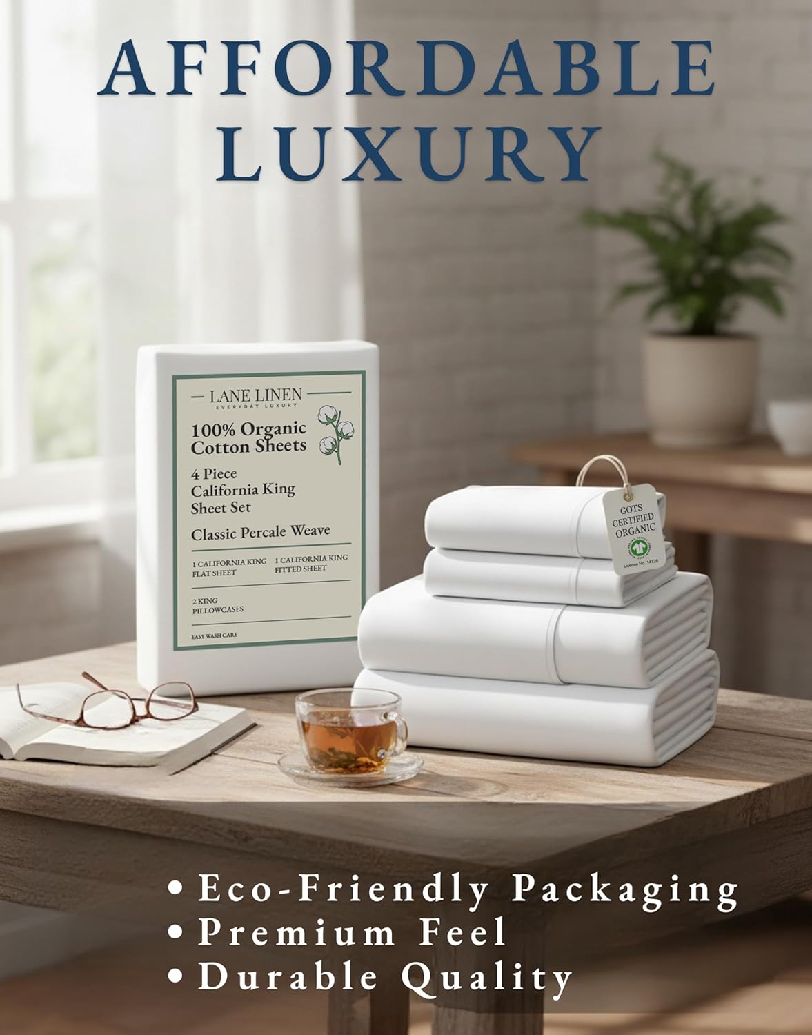 LANE LINEN 100% Organic Cotton California King Sheets Set - Ultra Soft 4-Piece Bedding in White