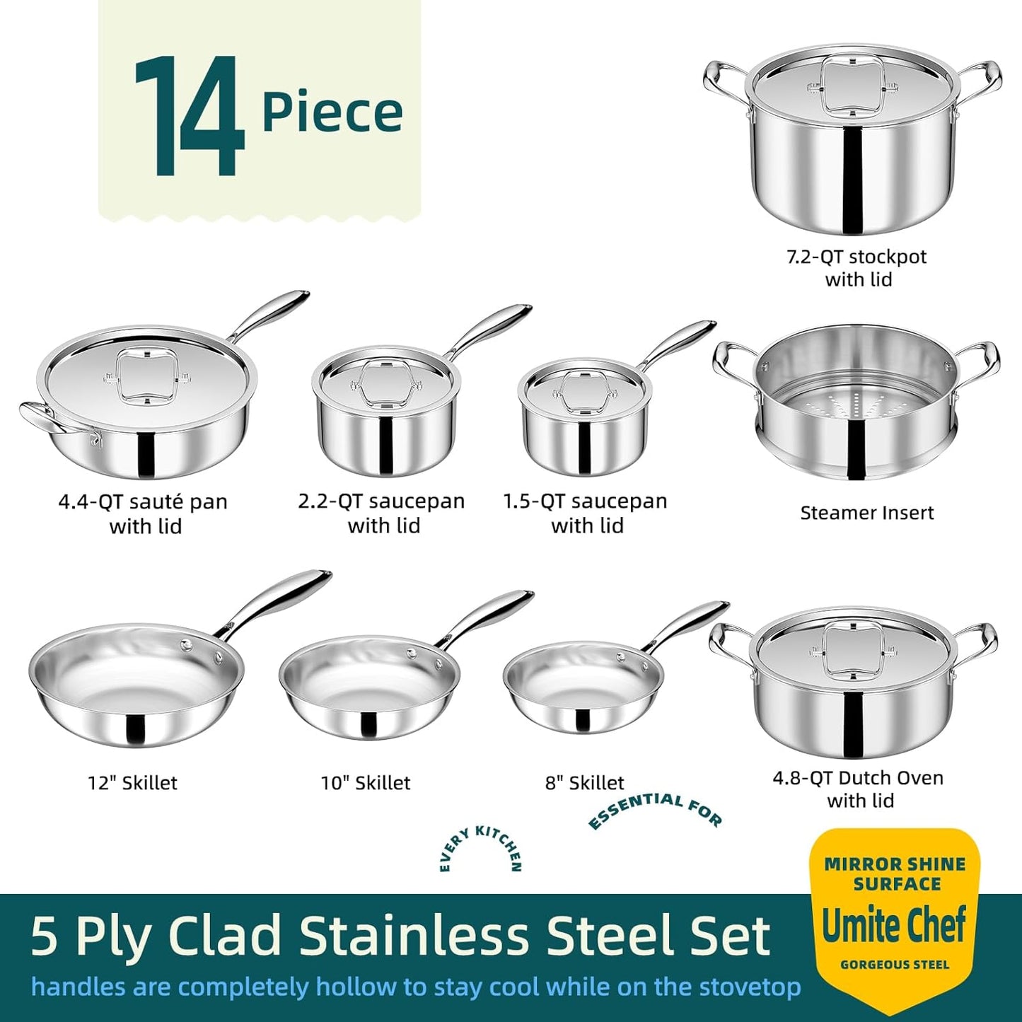 Umite Chef Stainless Steel Cookware Set - 14-Piece Induction-Ready, Heavy-Duty & Oven Safe | PFOA, PTFE & PFOS Free