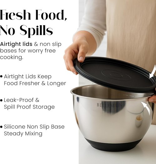 Bellemain Mixing Bowls Set - Stainless Steel Bowls with Airtight Lids | 3-Piece Kitchen Essentials