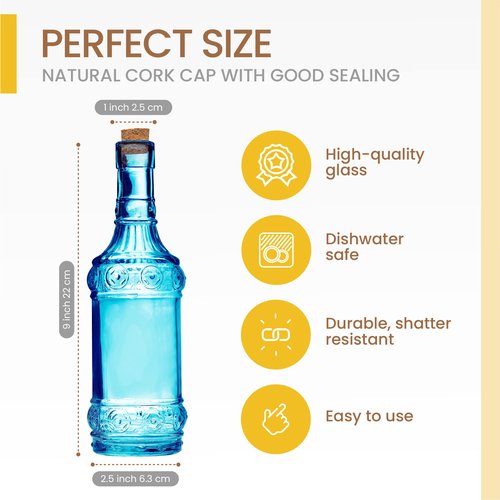BULK PARADISE Assorted Blue Glass Bottles with Corks, 6 Pack, 2.5in X 9in, 16oz