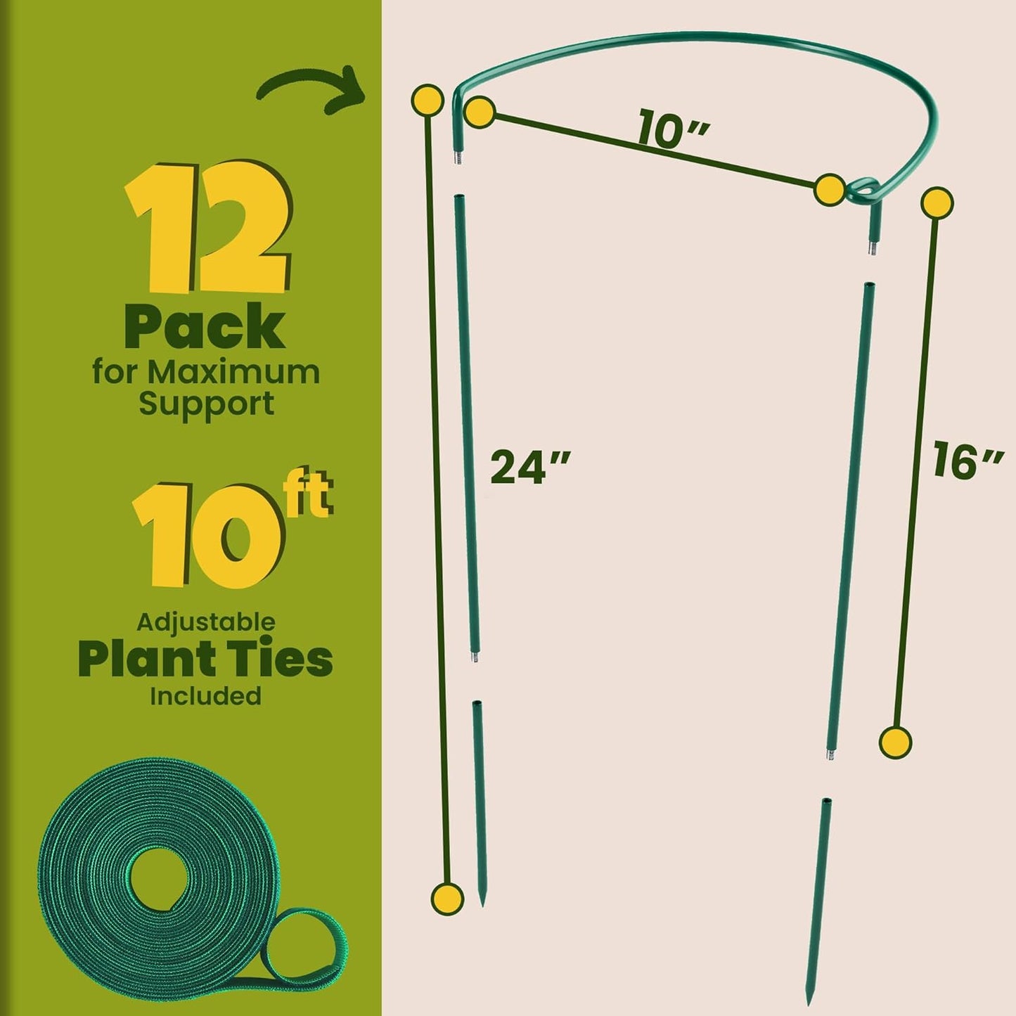 Plant Support Stakes | 12 Pack Tall Garden Stakes for Indoor & Outdoor Use - Ideal for Peonies, Hydrangeas & Roses (10" W x 16" - 24" H)