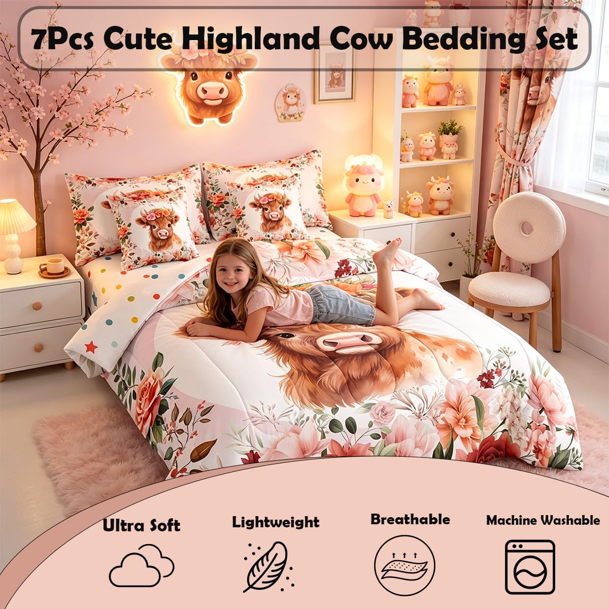 Feelyou Cute Highland Cow Bedding Set Twin Size 7 Pieces Cartoon Animal Comforter Set Flower Floral Print Farm Zoo Garden Theme Bed in a Bag with Comforter, Sheets, Pillowcases & Cushion Cover