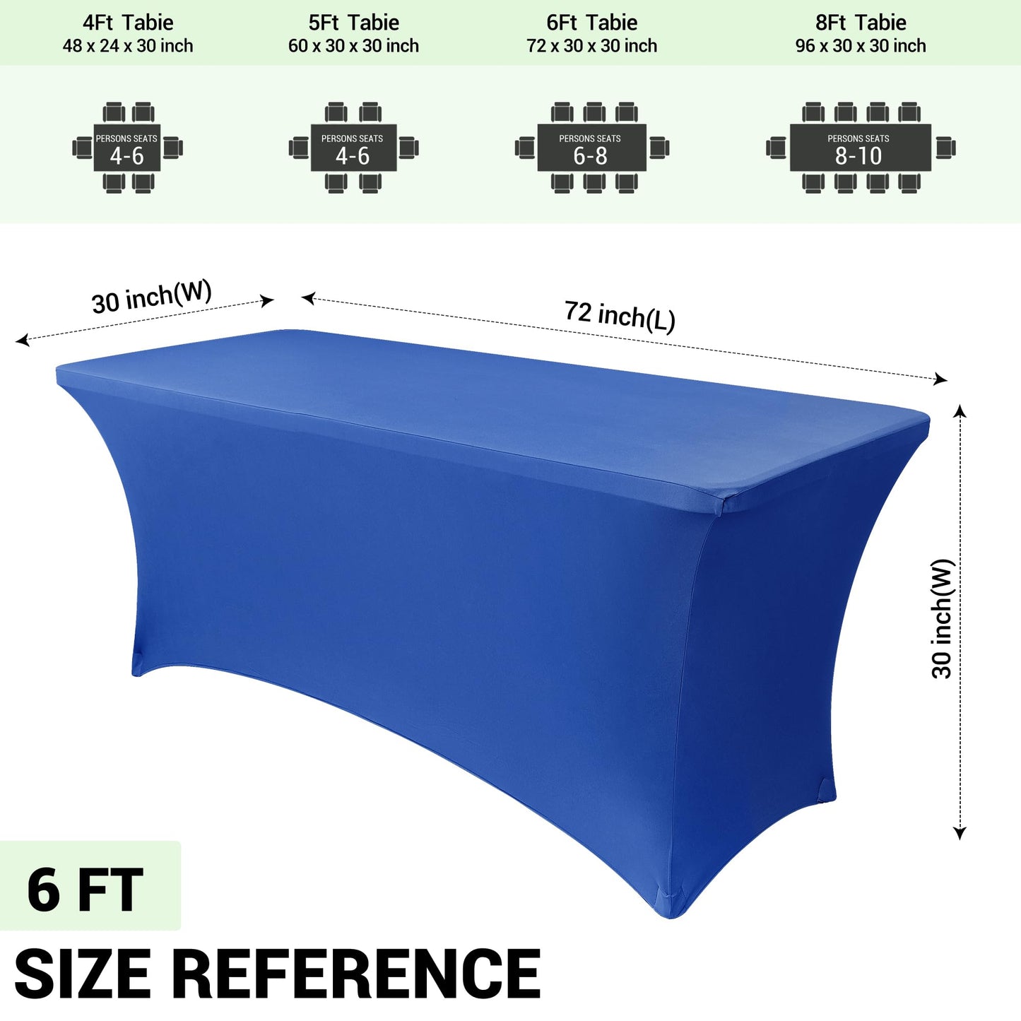 Obstal 6ft Stretch Spandex Table Cover for Standard Folding Tables - 2 Pack Universal Rectangular Fitted Tablecloth Protector for Wedding, Banquet and Party, 72L x 30W x 30H Inches, Royal Blue, 2pc