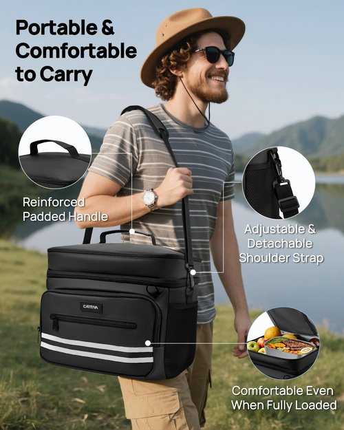 Carttiya Insulated Lunch Box for Men & Women - 26L X Large Lunch Bag, Leak-Proof Cooler Lunch Bag, Adjustable Strap, Ideal for Work, Picnic, Travel 14.6"×11.5"×9.5" (Black)