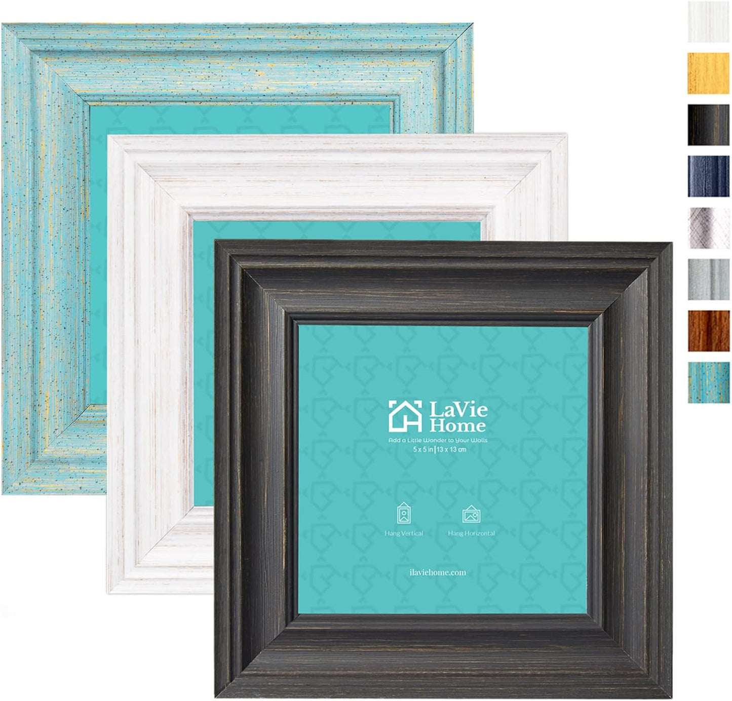 LaVie Home 5x5 Picture Frames - Rustic Wood Grain Photo Frame Set with HD Glass | 3 Assorted Colors