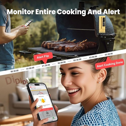 BBQOVN WiFi Sub-1G Wireless Meat Thermometer Unlimited Range 7 NIST Certified Sensors with Ambient Temp 2 Temp Monitoring Ways Digital Smart Base and App for BBQ, Smoker, Grill, Oven (Dual Probes)