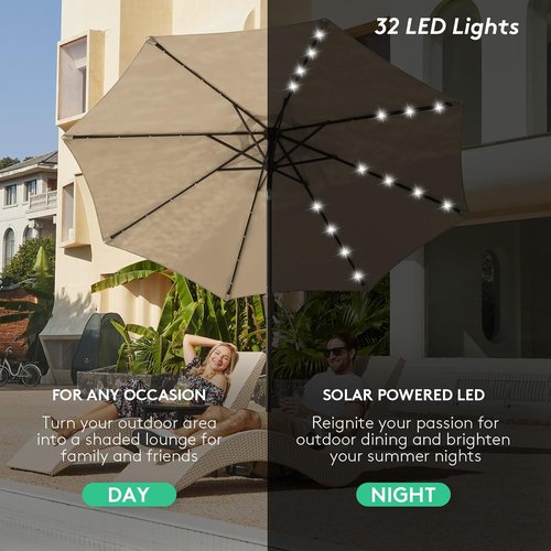 JEAREY 9FT Outdoor Patio Umbrella - LED Lighted with Solar Lights, Tilt & Crank for Deck, Yard & Market (Beige)