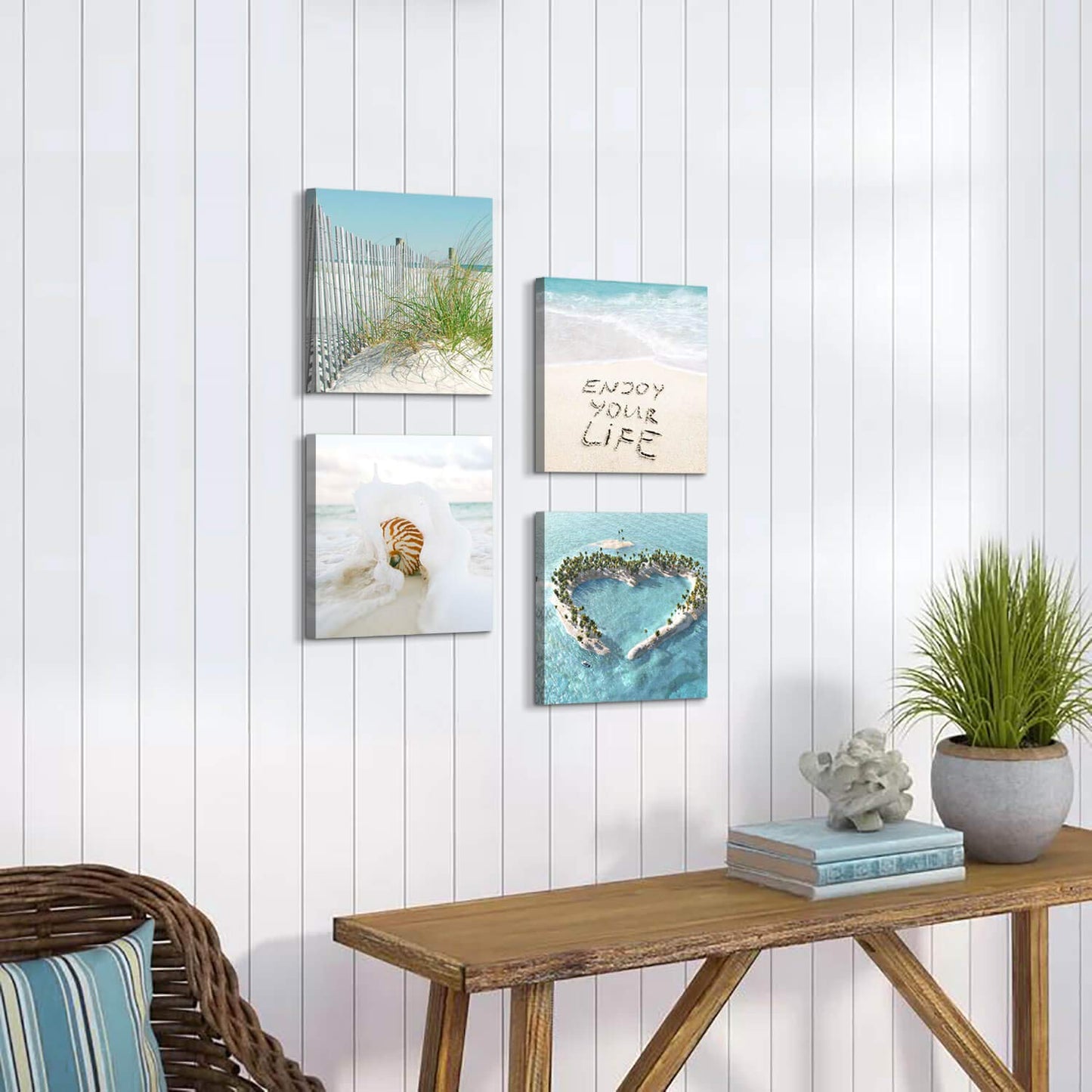 TAR TAR STUDIO Beach Scene Canvas Wall Art: Seaside Scenery Picture Print Seascape Painting Artwork for Living Room (12" x 12" x 4 PCS, Multiple Style)