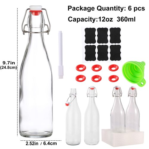 6 Pack 12 oz swing top glass bottles,flip top glass bottles 12 oz with airtight lids for Home Brewing,2nd Fermentation,Kombucha,Kefir,Vanilla Extract,Juice,Tea,Beverages,Soda,Oils,Vinegar,Limoncello