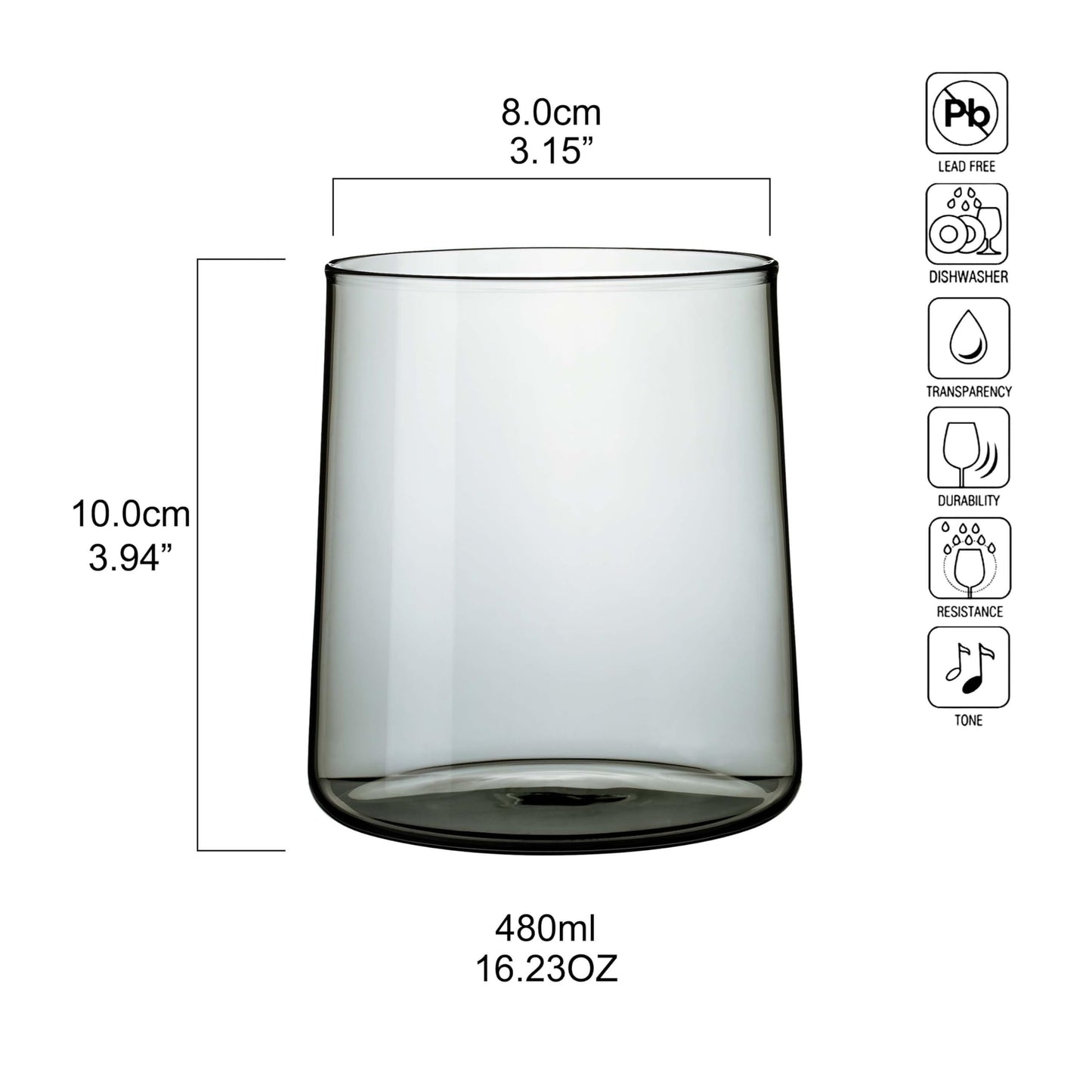 Joseph Sedgh Collection Smokey Grey Glass Tumbler Set of 4 – 16.5 oz Borosilicate Glassware – Durable, Lead-Free, Dishwasher Safe – Modern Grey Drinking Glasses for Home