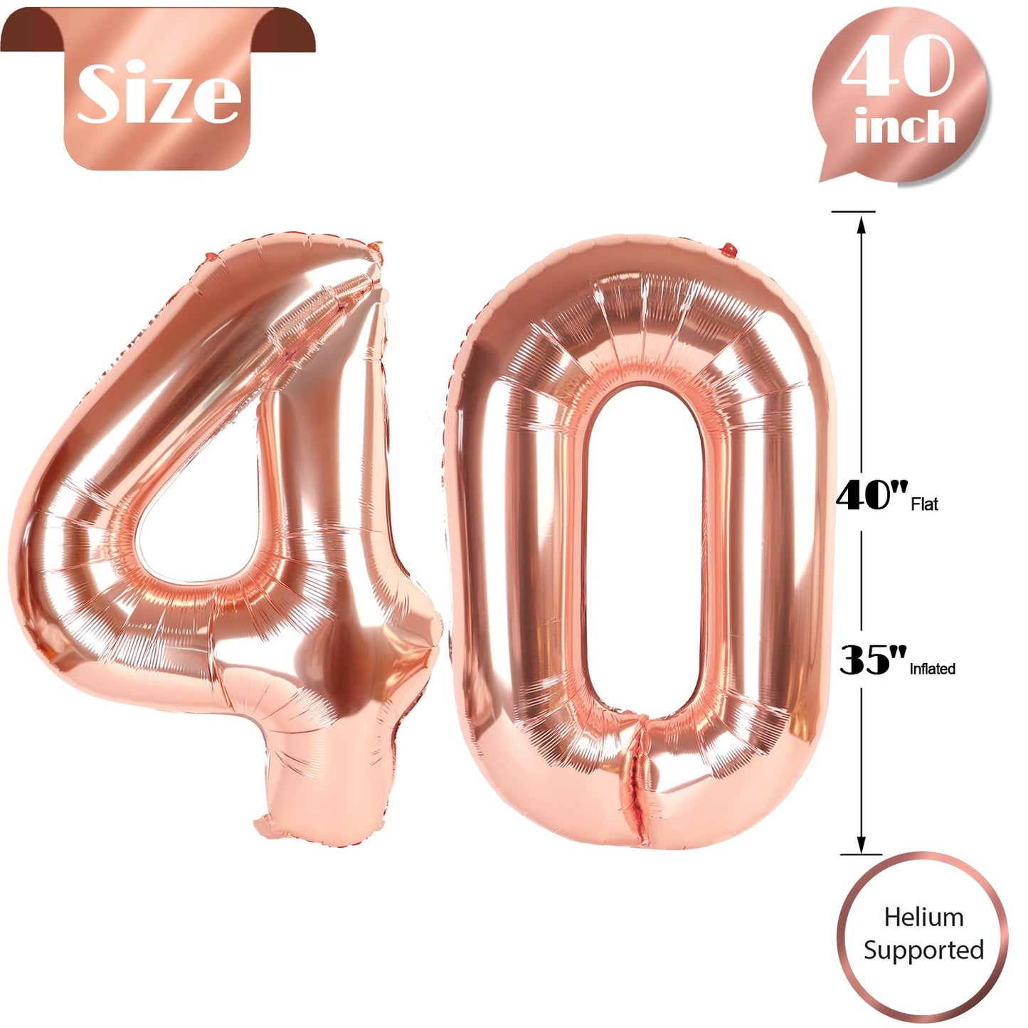 Rose Gold Number 40 Balloon 40 inch, 40 Number Balloons, 40th Birthday Decorations, 40 Year Old Women Men Rose Gold Party Supplies