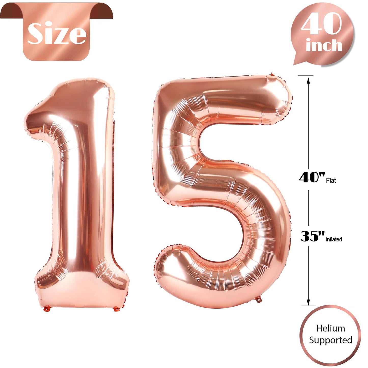 Rose Gold Number 15 Balloon 40 inch, 15 Number Balloons, 15th Birthday Decorations for Girls Boys, 15 Year Old Rose Gold Party Supplies
