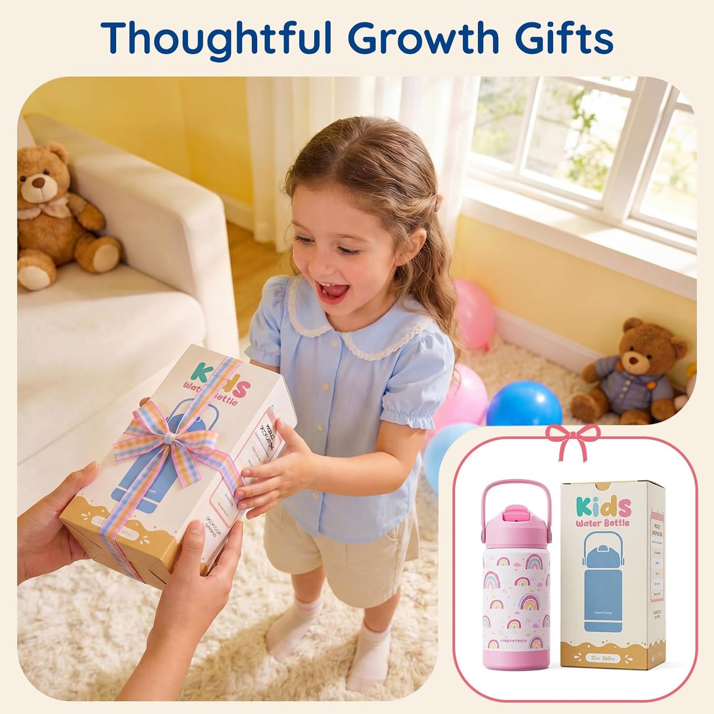 Mommore Kids Water Bottle - 12 oz Insulated Stainless Steel, Leakproof & BPA-Free, Mermaid Design