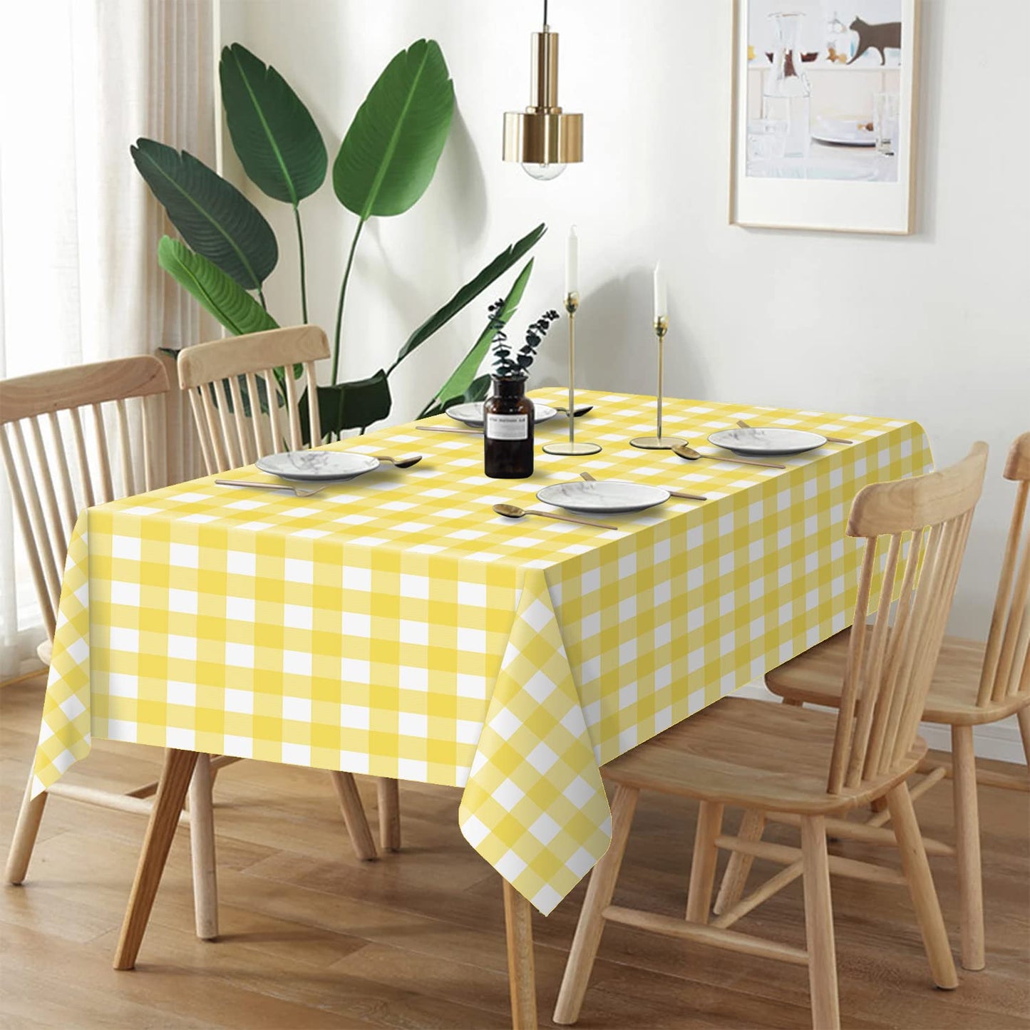 QIKSION Yellow Gingham Tablecloth Disposable 6 Pack, 54 x 108 Inch Yellow and White Checkered Table Cloth for Easter Decorations, Birthday Party Supplies, Rectangle, Plastic Table Cover