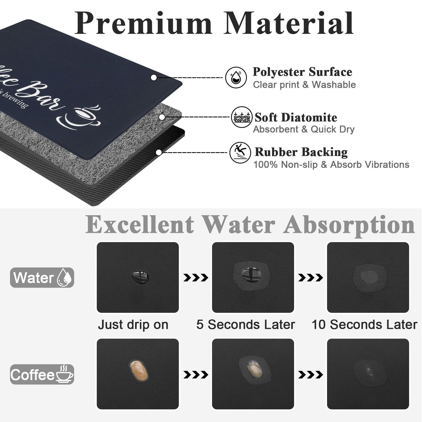 SHACOS Coffee Mat 2-Pack 12x19 Inch Absorbent Non Slip Coffee Maker Mat for Countertop Bar Accessories Espresso Machine Mat Dish Drying Mat Heat Resistant, Khaki