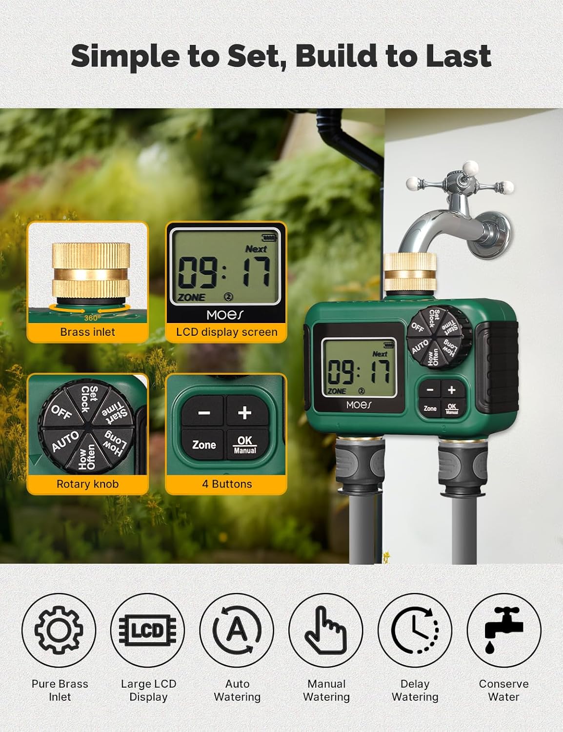 MOES 2-Zone Sprinkler Timer - Programmable Automatic Irrigation Controller with Brass Inlet & Outlet