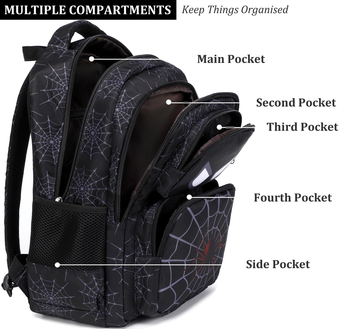 JIANYA Kids Backpack for School Boys, Spider School Bag for Elementary Kids Children 3pcs Boys Backpack with Lunch Box & Pencil Case, Black
