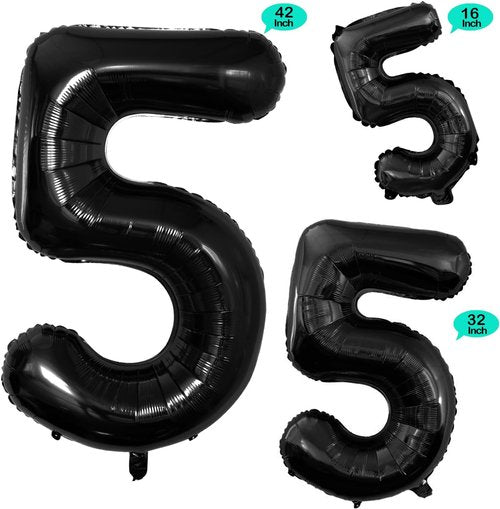 GOER Black Foil Number 5 Balloons - Giant 42 Inch & 32 Inch Birthday Party Decorations (3 Pcs)