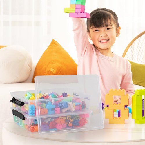 Clear Storage Bins - 4 Pack Flat Plastic Latching Containers with Lids | 6 Quart Stackable