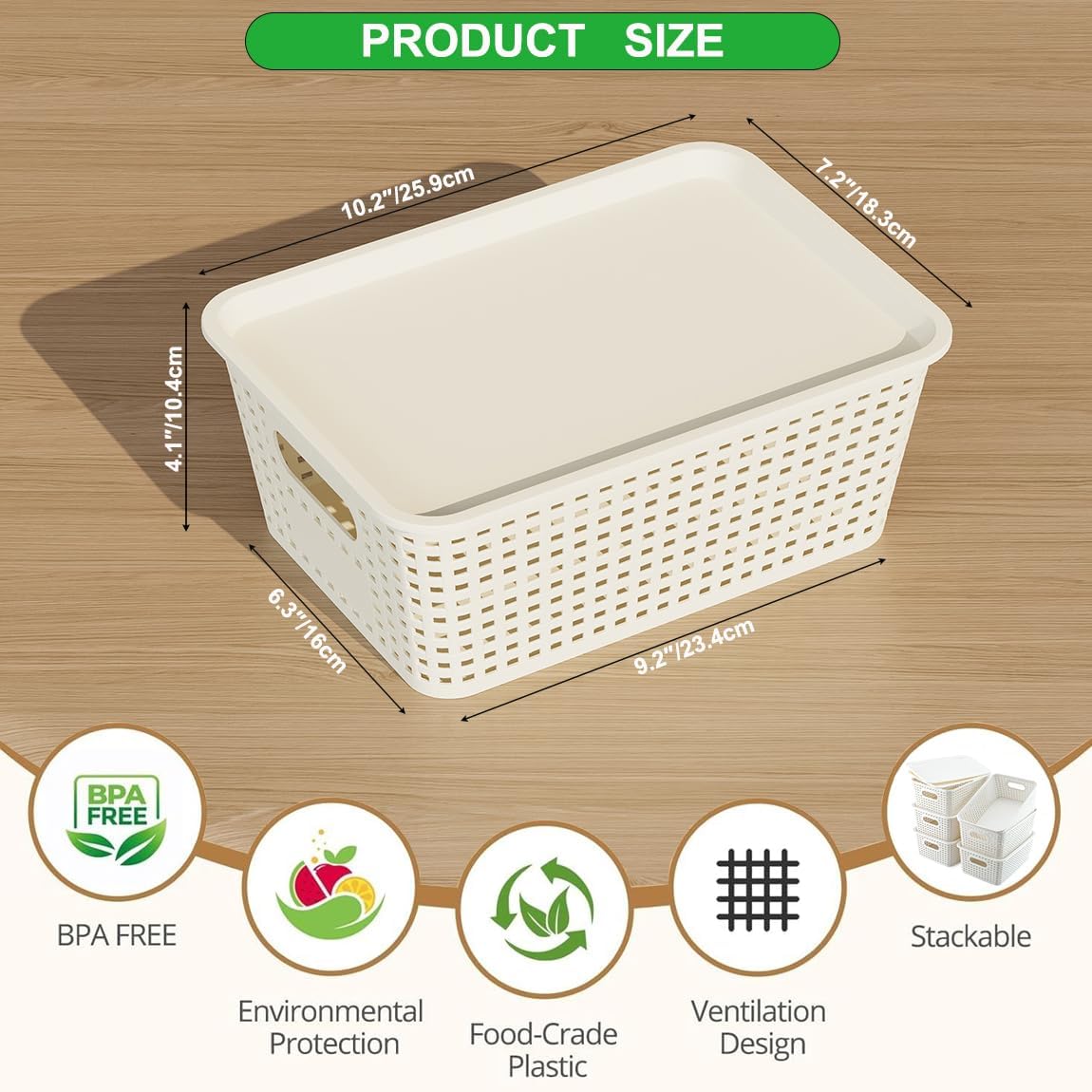 Resze Plastic Storage Baskets - 6 Pack with Lids | Breathable, Stackable Organizer Bins for Home & Office, White