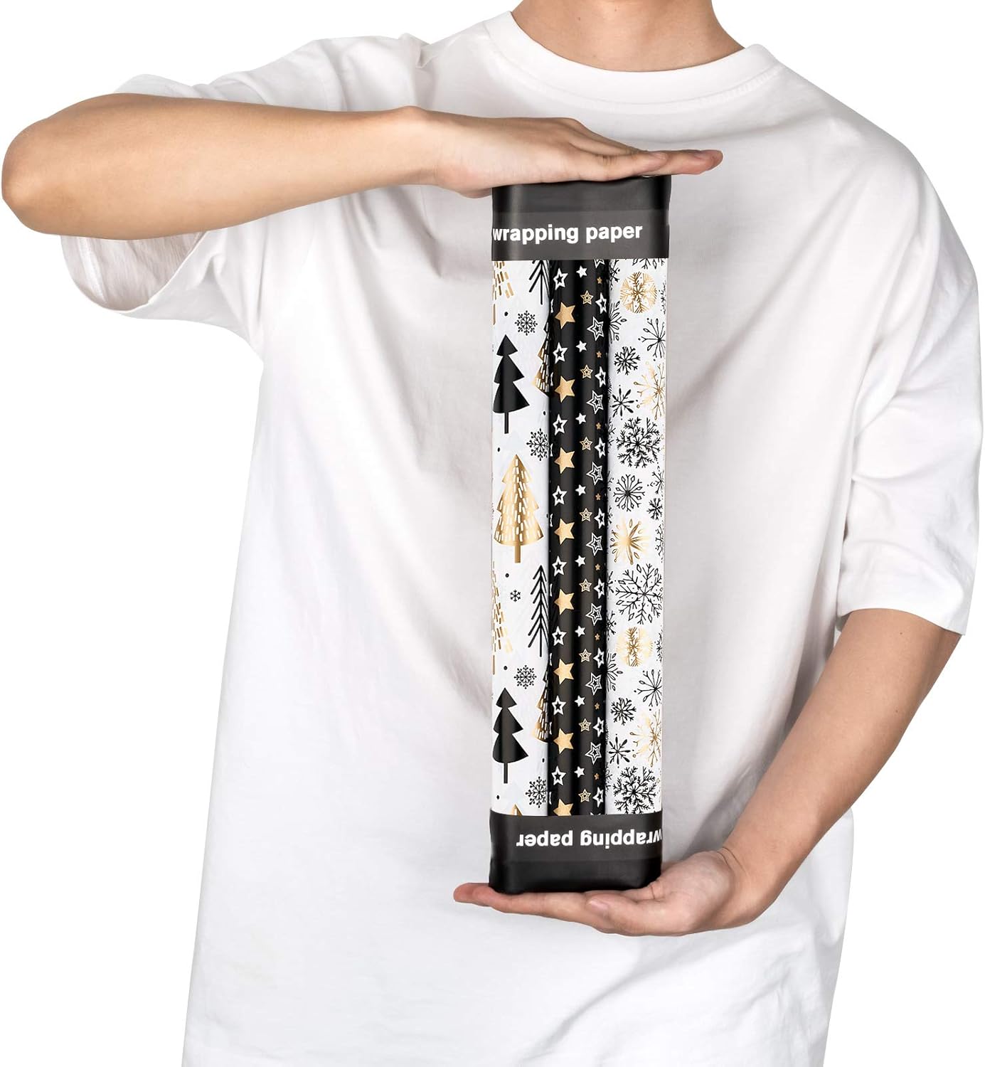 MAYPLUSS Wrapping Paper Roll - Mini 17" x 120" - 3 Elegant Black Gold Christmas Designs