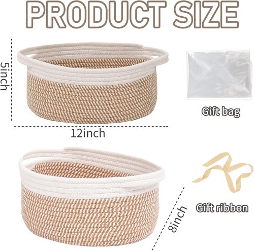JMvicyroam Woven Storage Baskets - Small Rope Bins with Handles for Organizing Shelves | 2-Pack, White & Brown