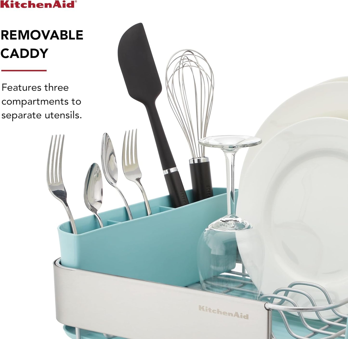 KitchenAid Compact Dish Rack - Rust Resistant with Removable Flatware Caddy | 12.63 x 15.87 Inch, Mineral Water