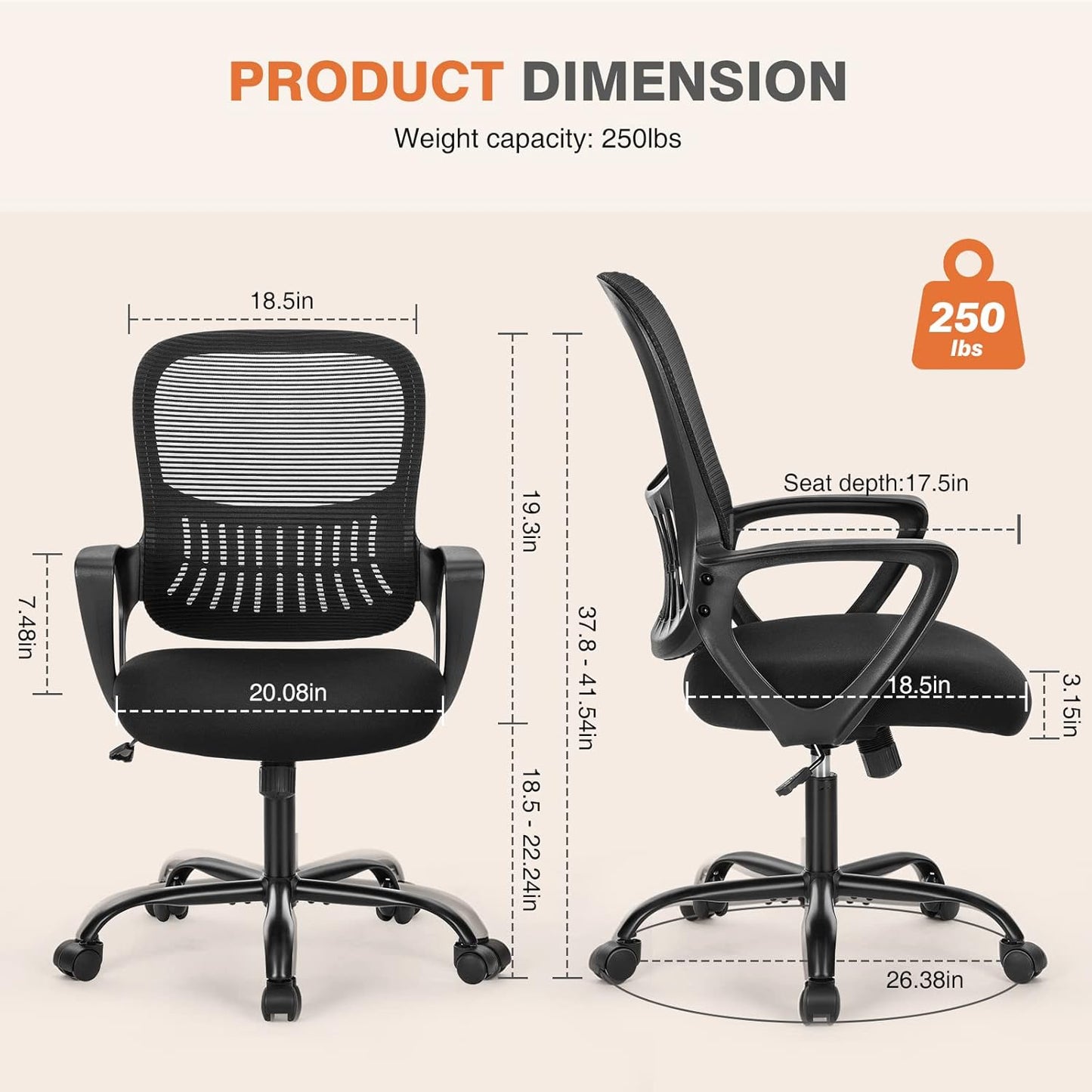 Sweetcrispy Ergonomic Mid-Back Mesh Executive Chair - Comfortable Lumbar Support, Black